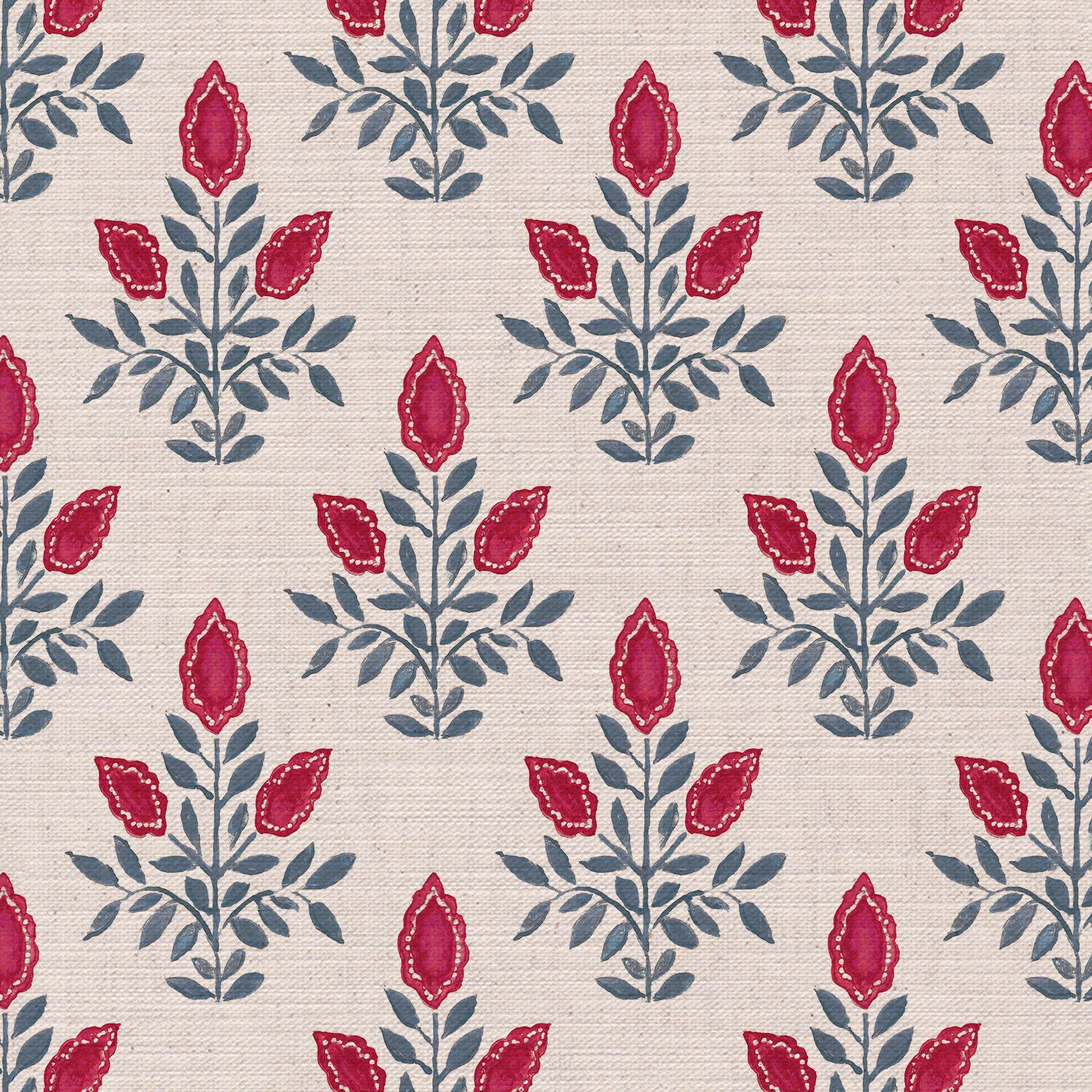 CW: Pinky red and grey blue white ground | BASE: Mercia Linen | HERO