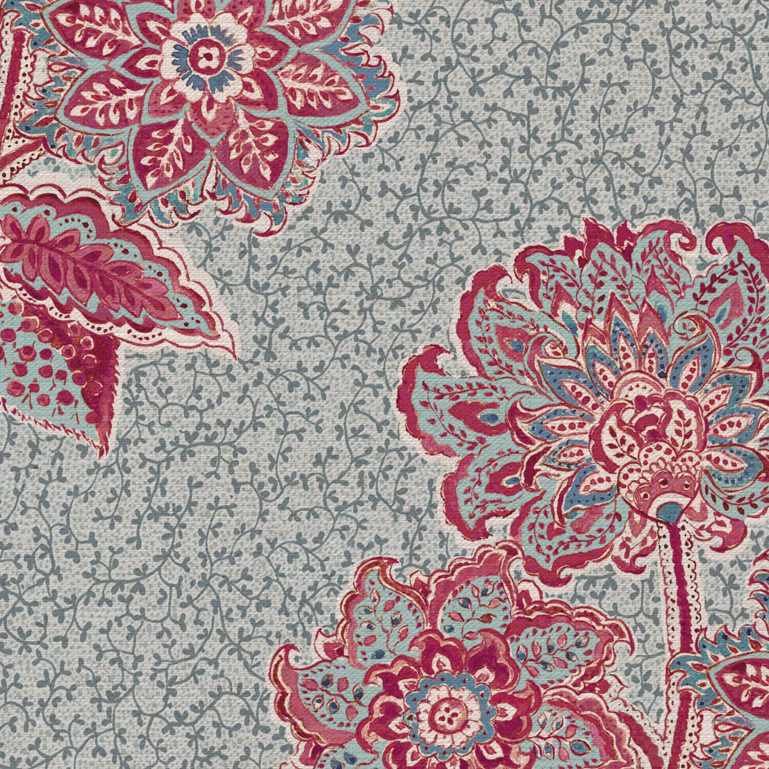 CW: Pinky red and blue with blue intricate background | BASE: Mercia Linen | HERO