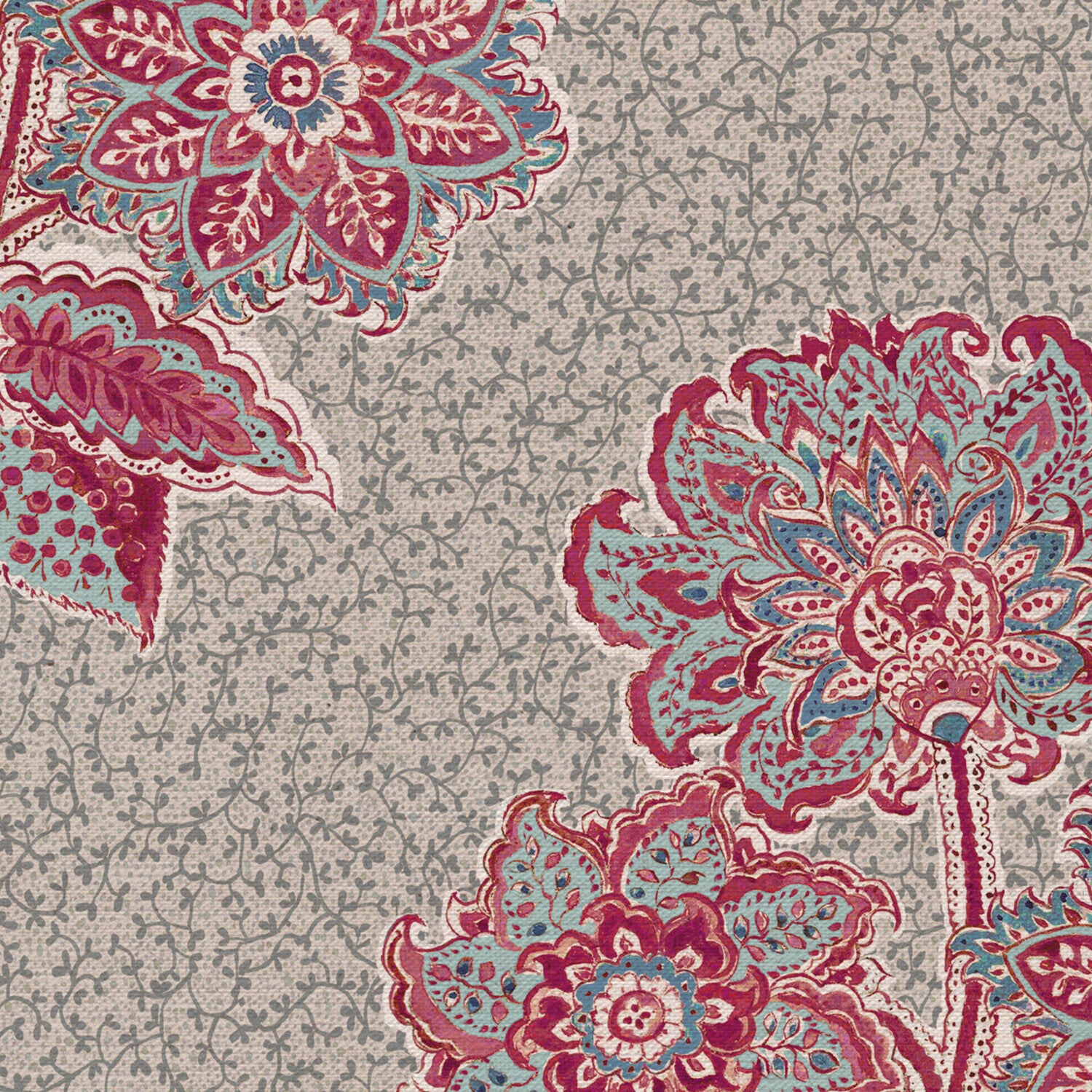 CW: Pinky red and blue with grey blue intricate background | BASE: Mercia Linen | HERO