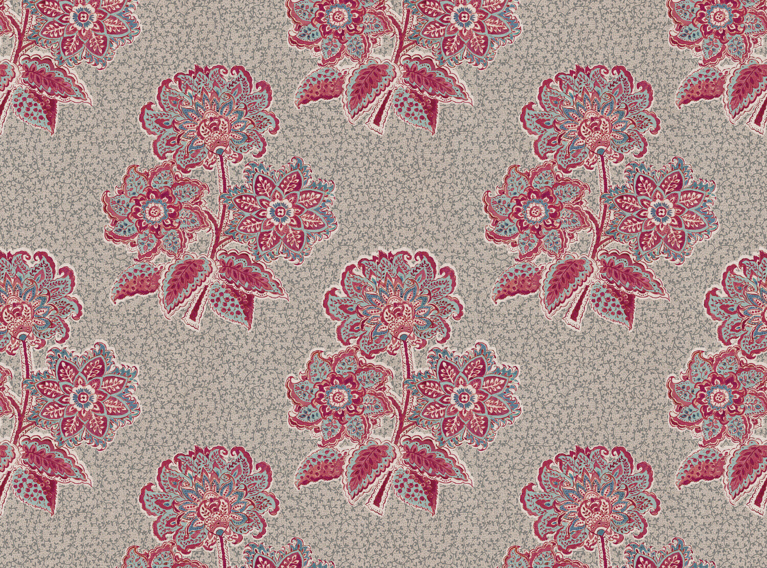 CW: Pinky red and blue with grey blue intricate background | BASE: Mercia Linen