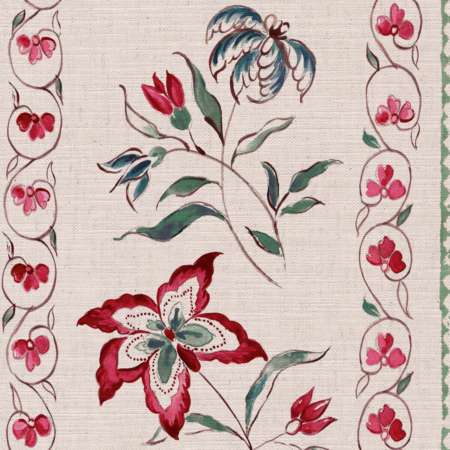 CW: Deep red blue and green | BASE: Mercia Linen | HERO