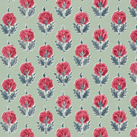 Warm red and blue soft sage ground