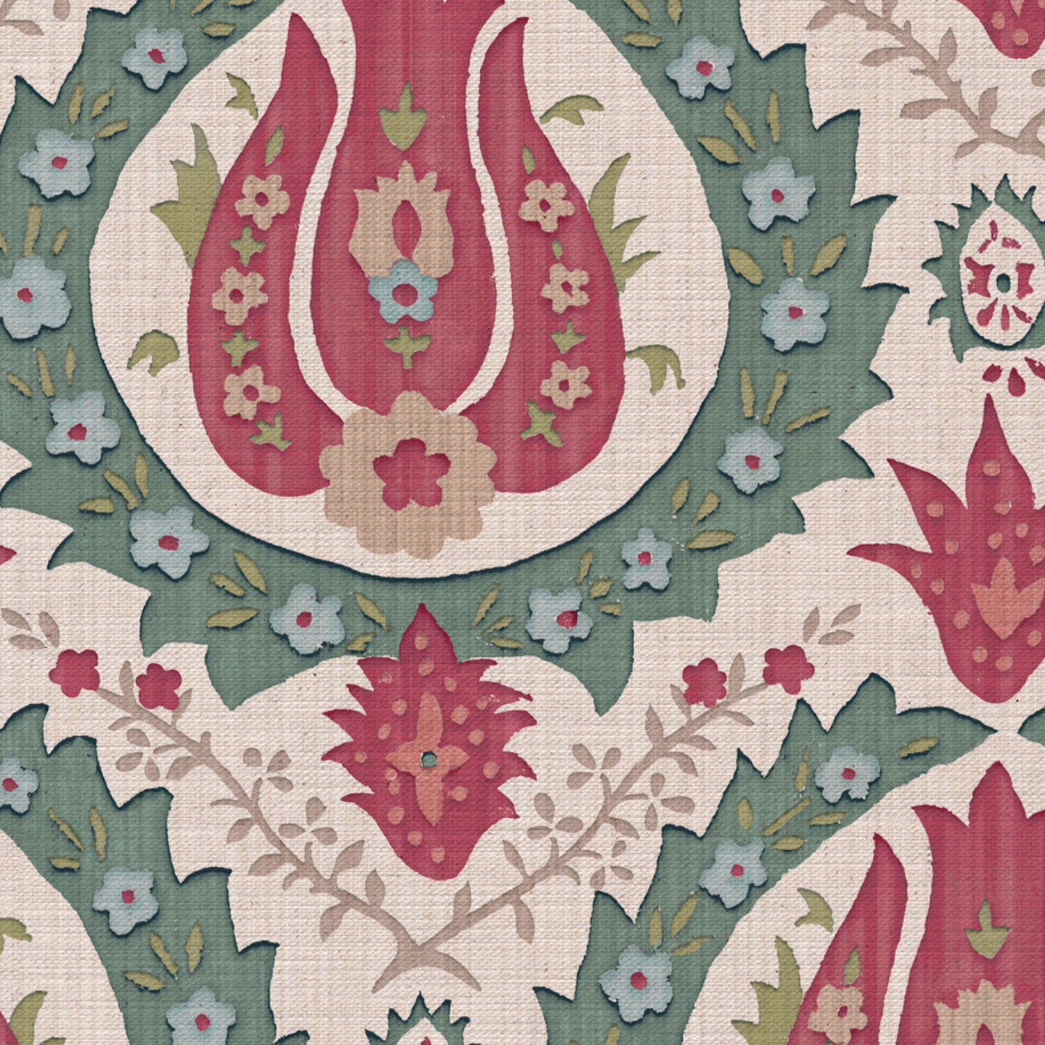 CW: Soft pinky red green gold and blue | BASE: Mercia Linen | HERO
