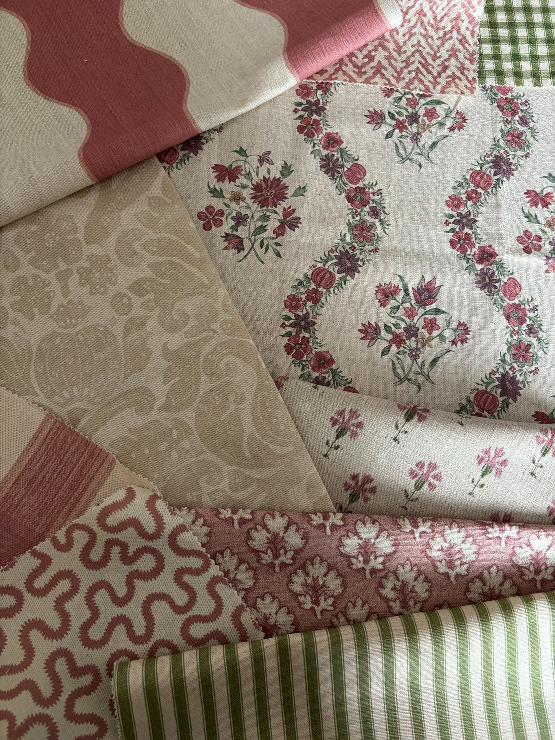 Calming Pinks, Neutrals and Green fabric mix by Alison Gee