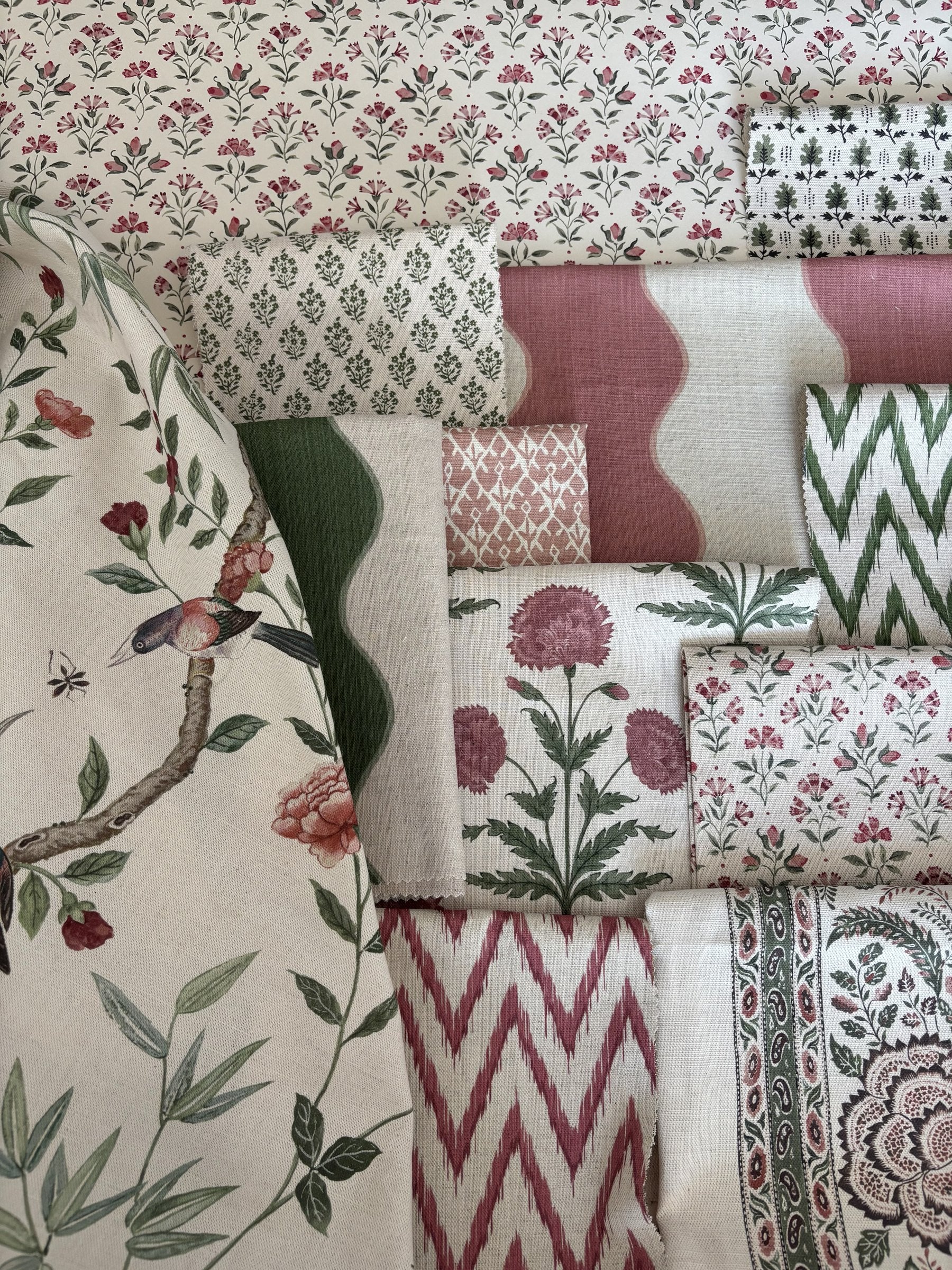 Soft Pink and Grey Green fabric mix by Alison Gee